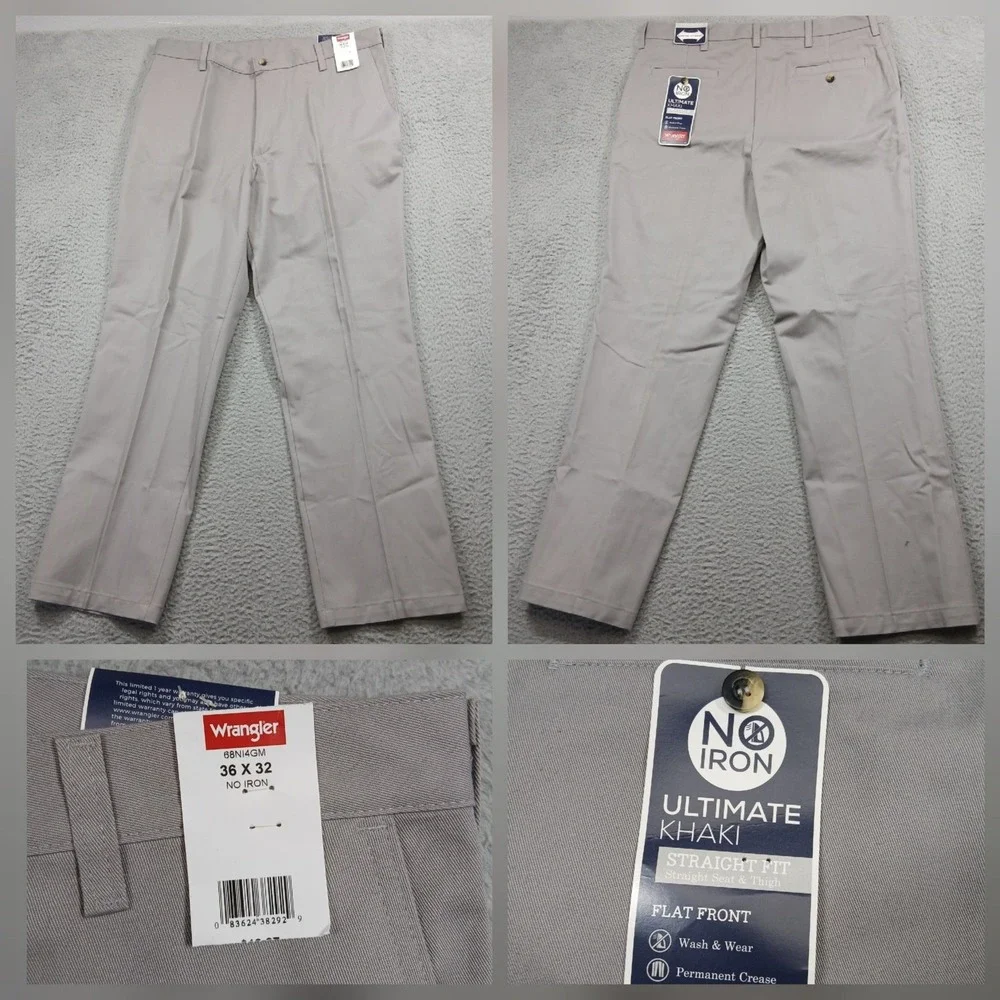 Wrangler Ultimate Khaki Pants Mens‎ 36x32 Tan No Iron Flat Front Straight NWT
